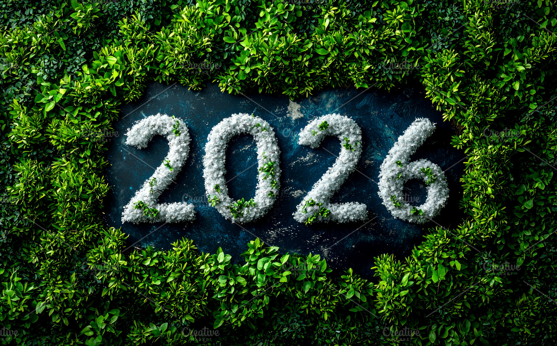 Frosted white 2026 numbers with small green plants surrounded by, a Background Photo by José Manuel Gelpi