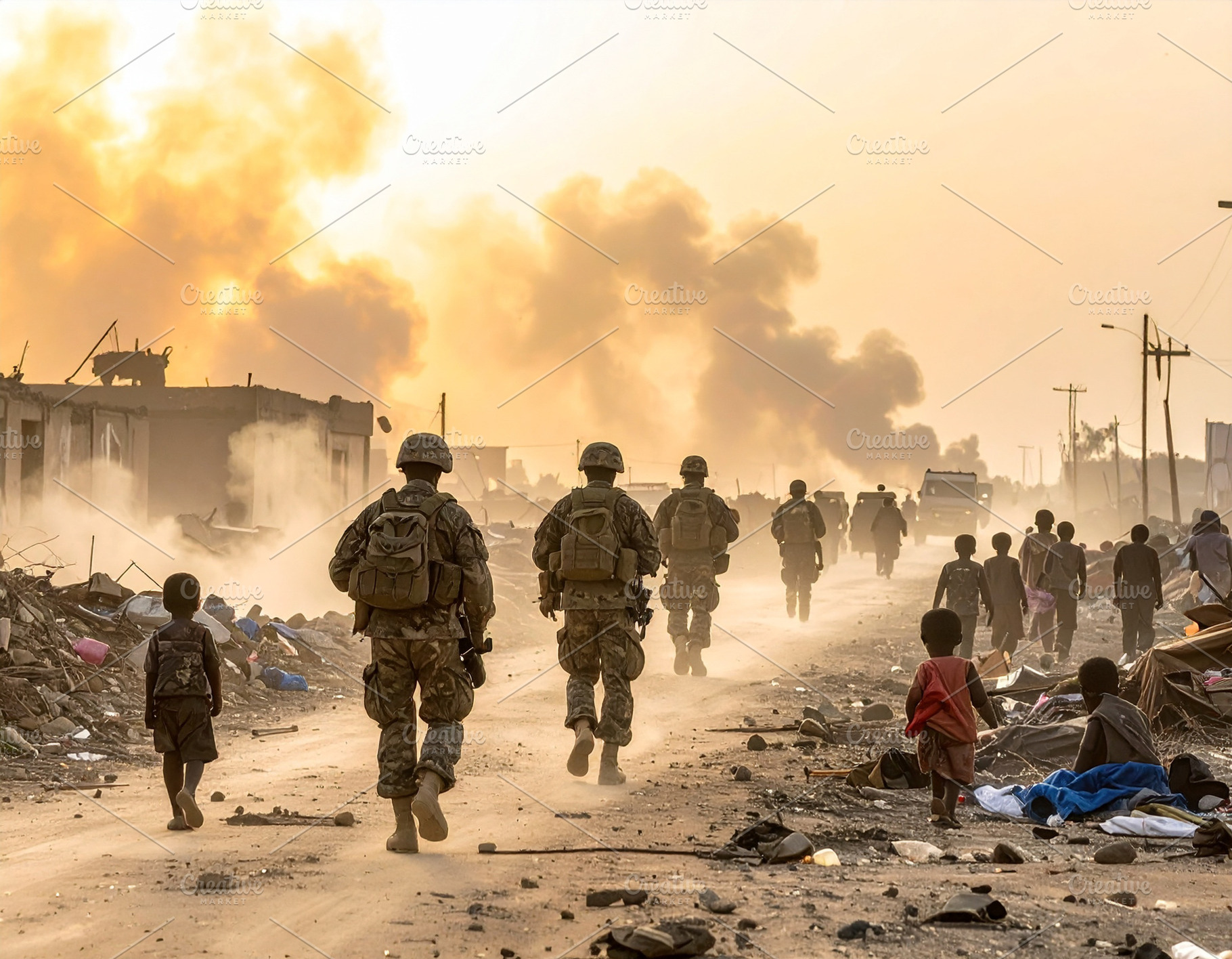 Civils and armed soldiers in battlefiled scene, a Background Photo by DanFLCreativo