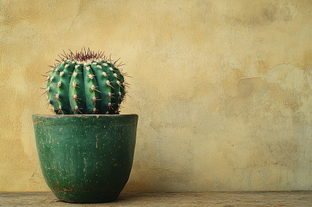 Cactus opuntia in a rustic green pot on a wooden surface with a textured backgr, a Nature Photo by AlyaAnd