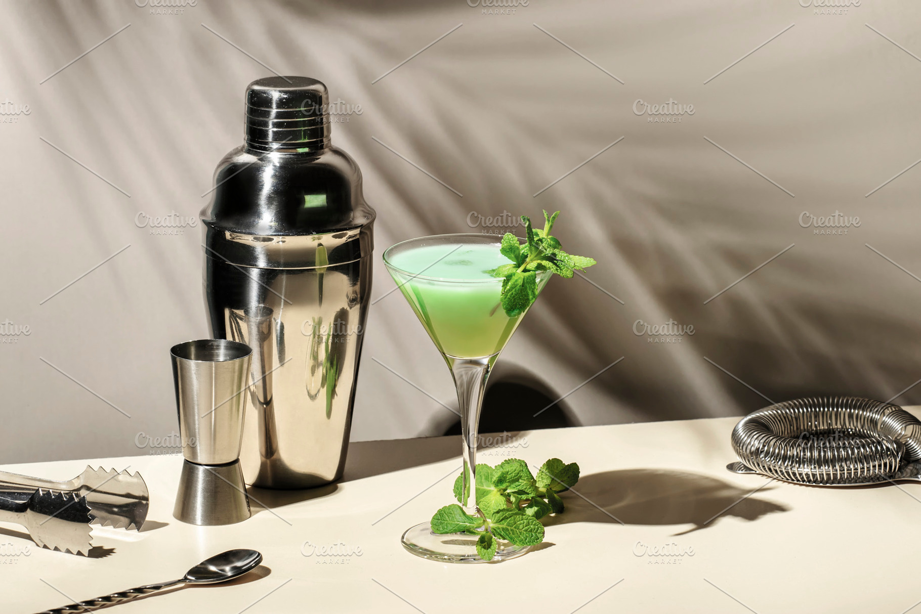 Grasshopper green alcoholic cocktail drink with mint liqueur, cr, a Food & Drink Photo by 5PH