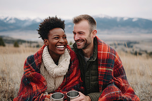 Couple enjoying warm mugs in cozy blankets on a chilly mountain day, a Photo by AlyaAnd