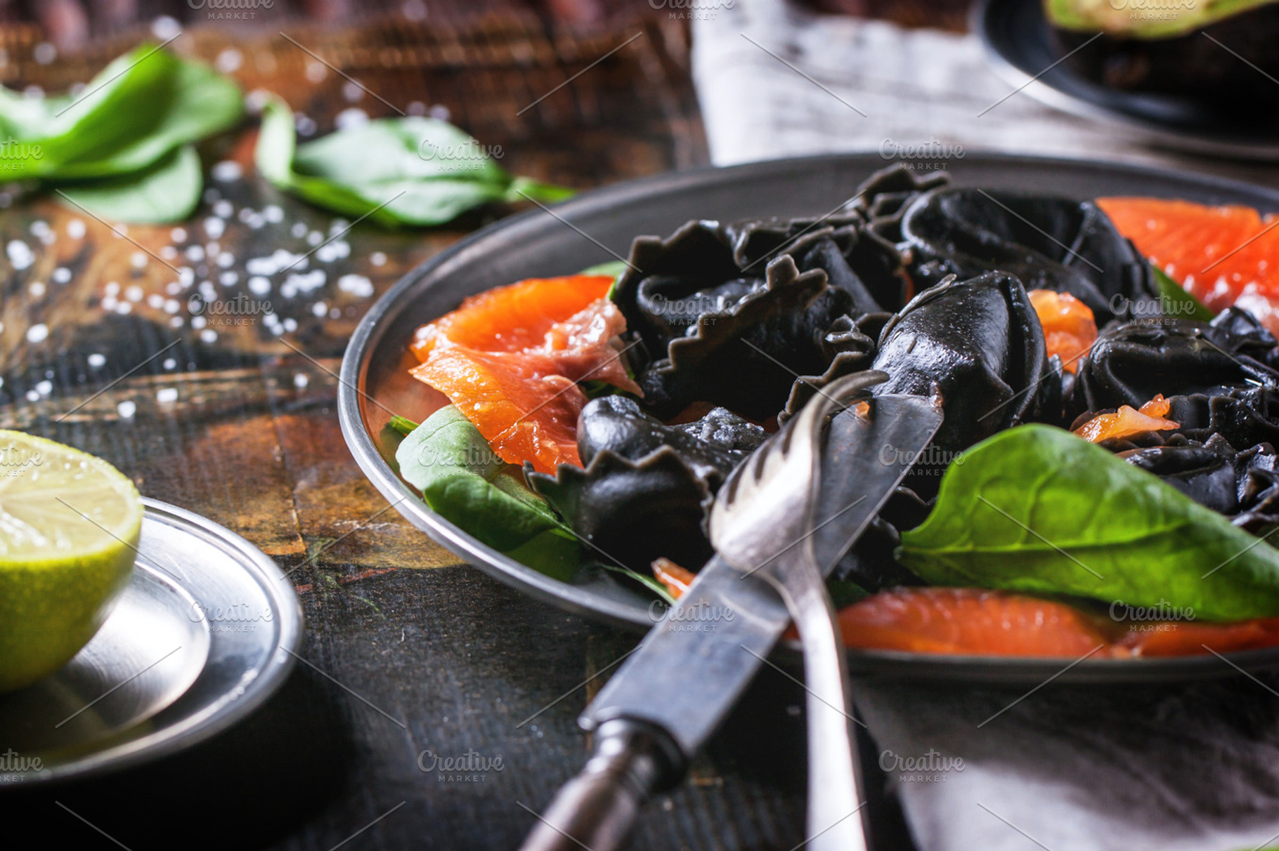 Black Ravioli With Salted Salmon Containing Pasta Salmon And Ravioli