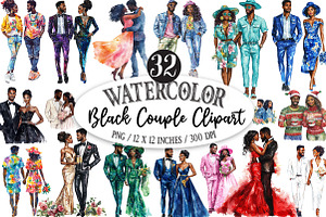 Black Couple Watercolor Set, a Seasonal Illustration by Designking