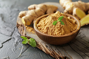 Ground dry ginger in bowl on grey background, a Food & Drink Photo by AlyaAnd