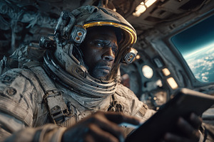 Astronaut using tablet in spaceship, a Photo by Pixeness Studio