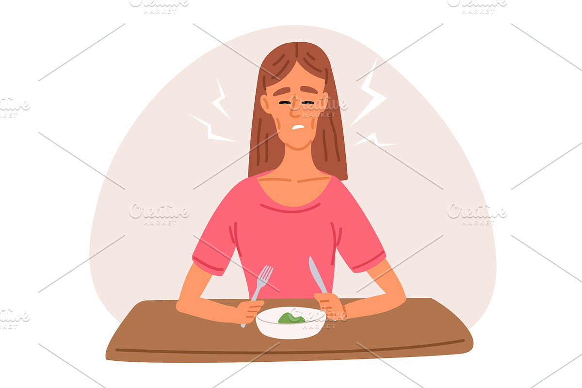 Sad thin woman refuses to eat, a Food Illustration by Vectorbuum