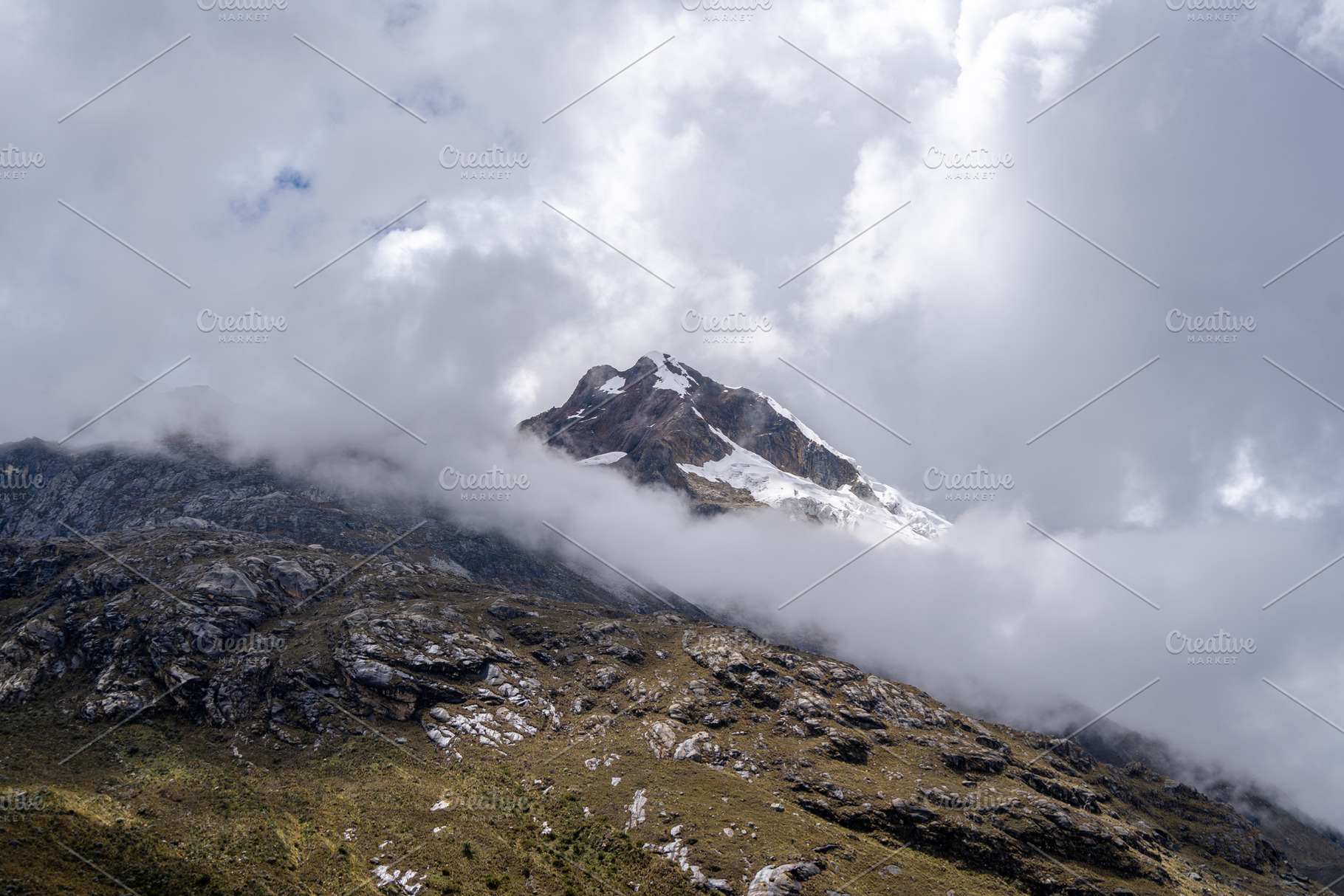 Snow-capped mountains and valley along the Laguna 69 trek in Hua, a Nature Photo by GoodGoods