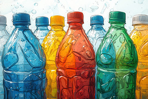 Colorful water bottles arranged in a, a Photo by Tanuart