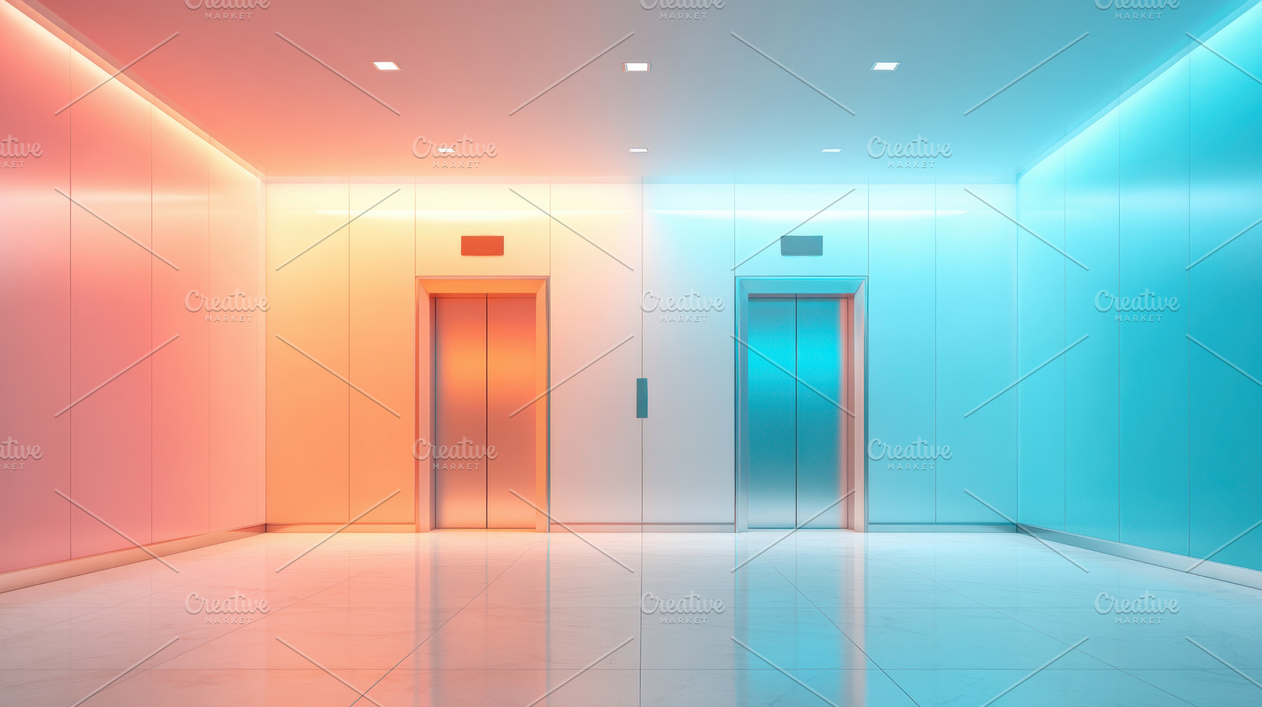 Modern elevator lobby with colorful gradient walls, a Wallpaper Photo by AlyaAnd