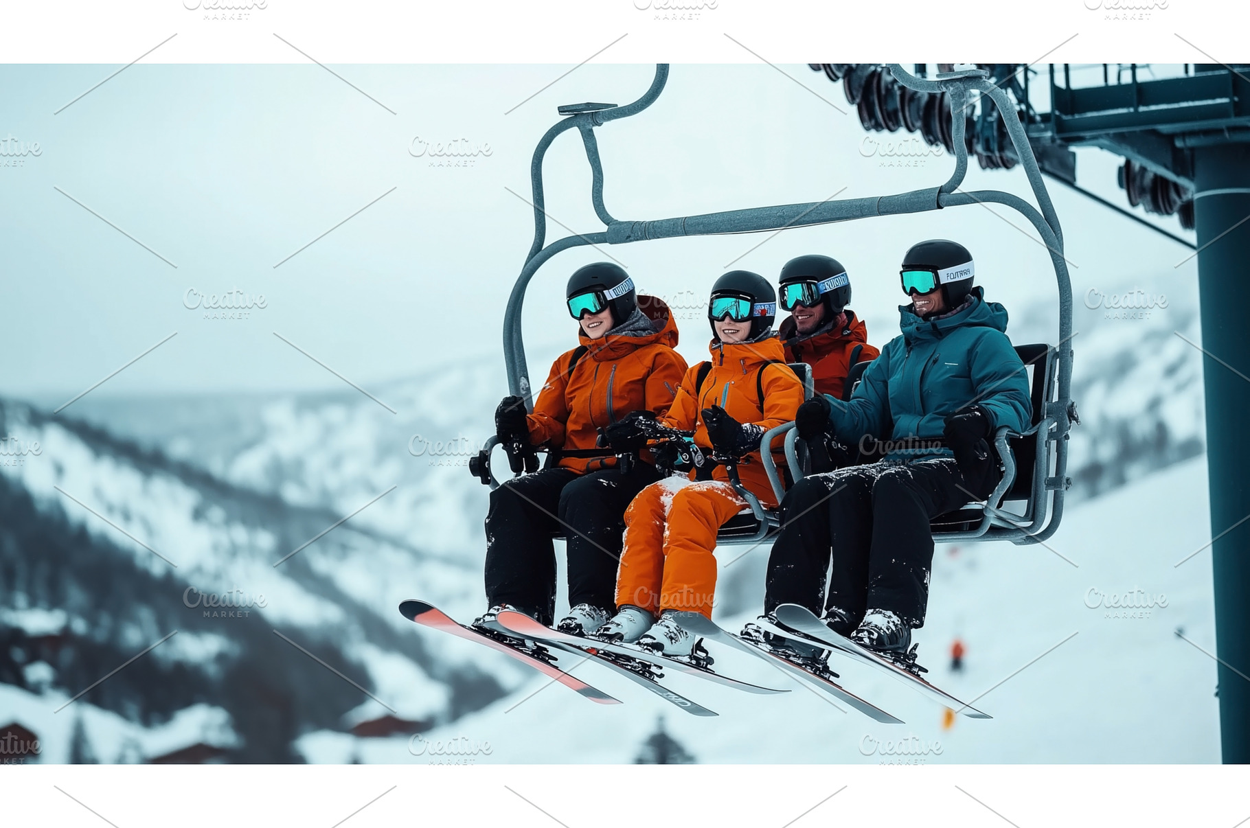 Four skiers wearing helmets and ski, an Abstract Photo by Sergey Kotenev