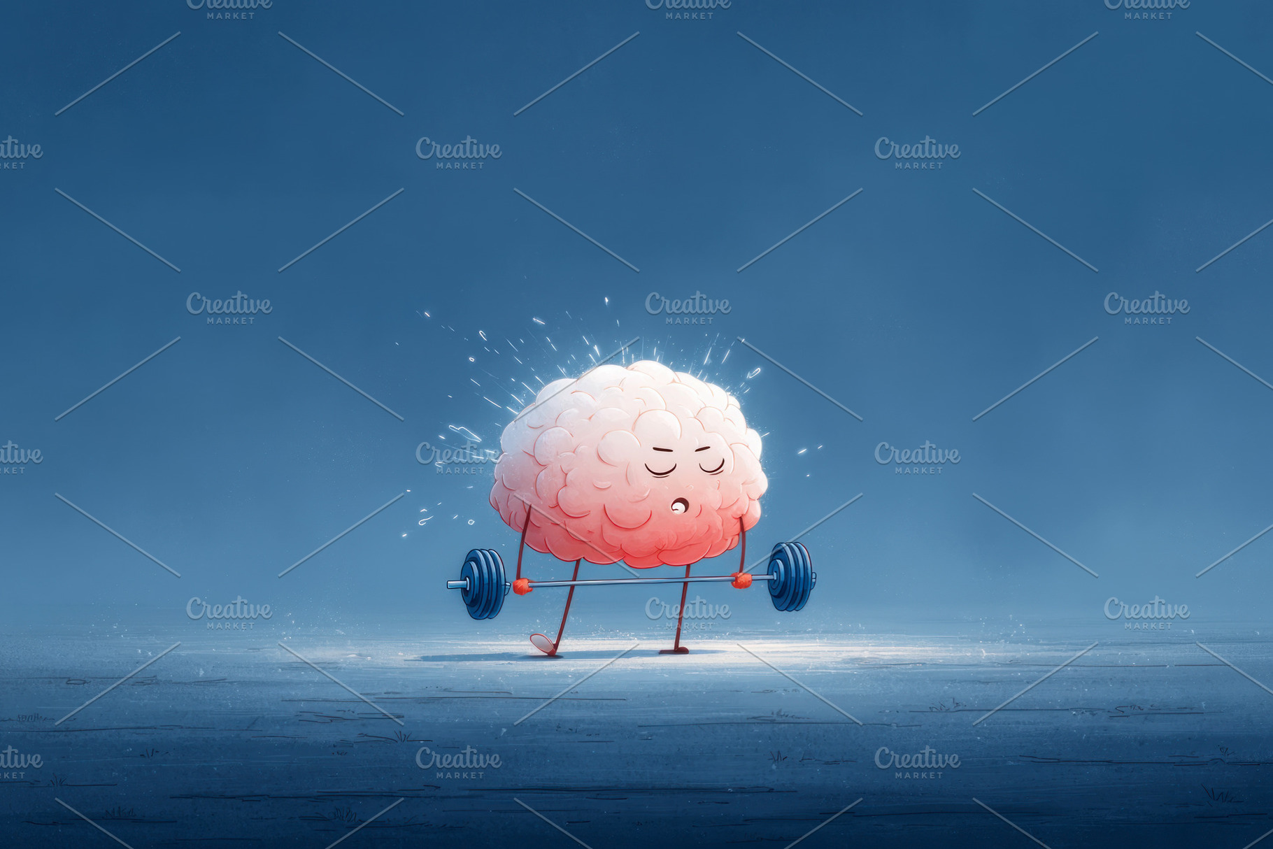 Cute brain character lifting barbell with glowing energy represe, a Sports & Recreation Photo by José Manuel Gelpi