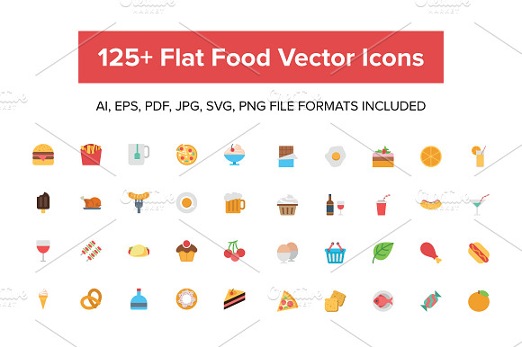 125 Flat Food Vector Icons