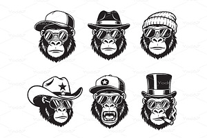 Gorilla heads wearing diverse hats, an Animal Illustration by yod67