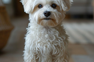 A cute small white dog with fluffy fur, sitting calmly on a woven rug in a cozy, an Animal Photo by ImageMir