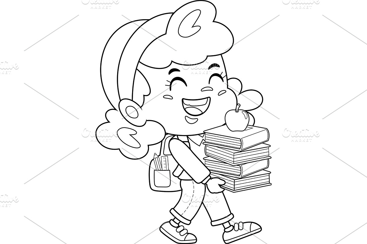 Outlined Happy School Girl, an Education Illustration by HitToon