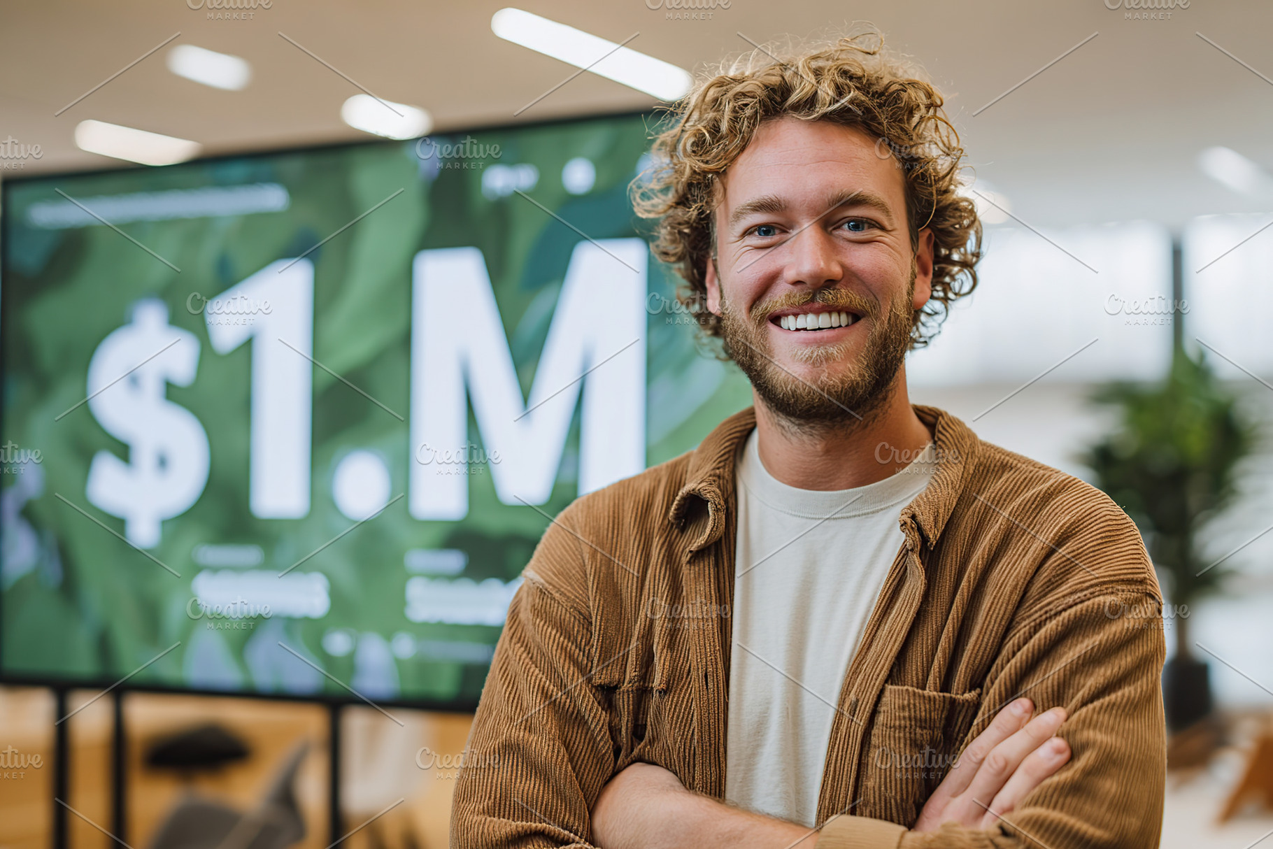 Founder celebrating milestone achievement with a smile at a modern ...