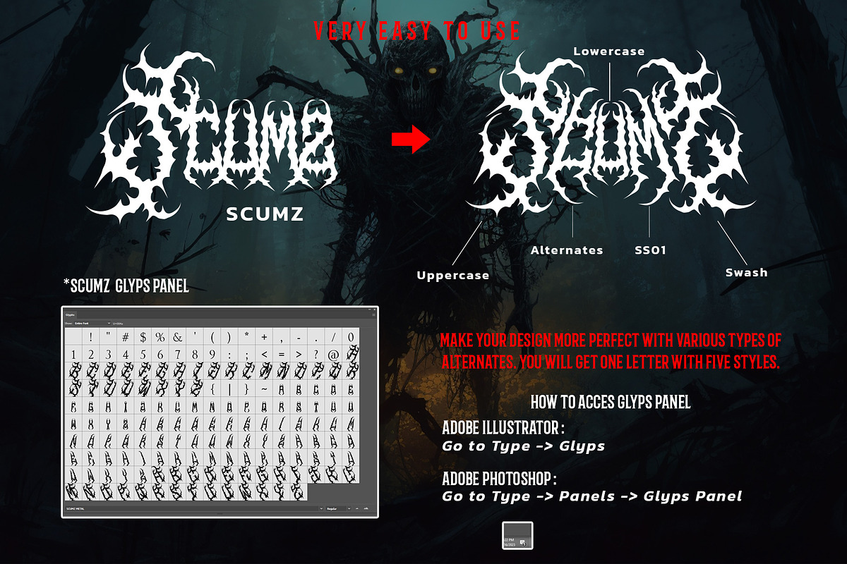 SCUMZ – Death Metal Font, a Blackletter Font by Fonday Studio (Photo 8 of 9)