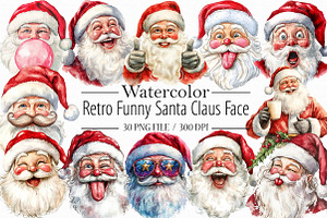 Retro Funny Santa Claus Face Clipart, an Illustration by Libby Wishes