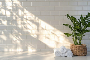 White ceramic tile wall background with green plant and rolled towels, a Nature Photo by AlyaAnd