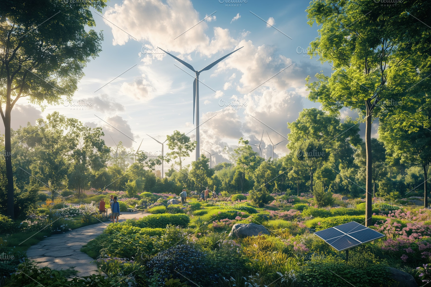 A serene landscape featuring lush greenery, colorful flowers, and a winding pat, a Technology Photo by Textures & Backgrounds