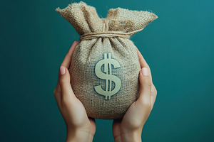 Female hands holding burlap bag with dollar symbol and banknotes, a Business Photo by AlyaAnd