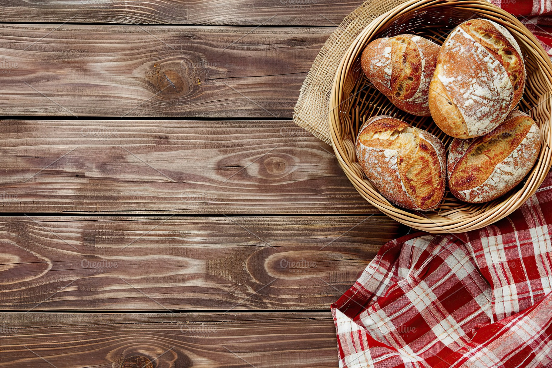 Flat lay of freshly different baked bread in basket with napkin on wooden table, a Food & Drink Photo by AlyaAnd