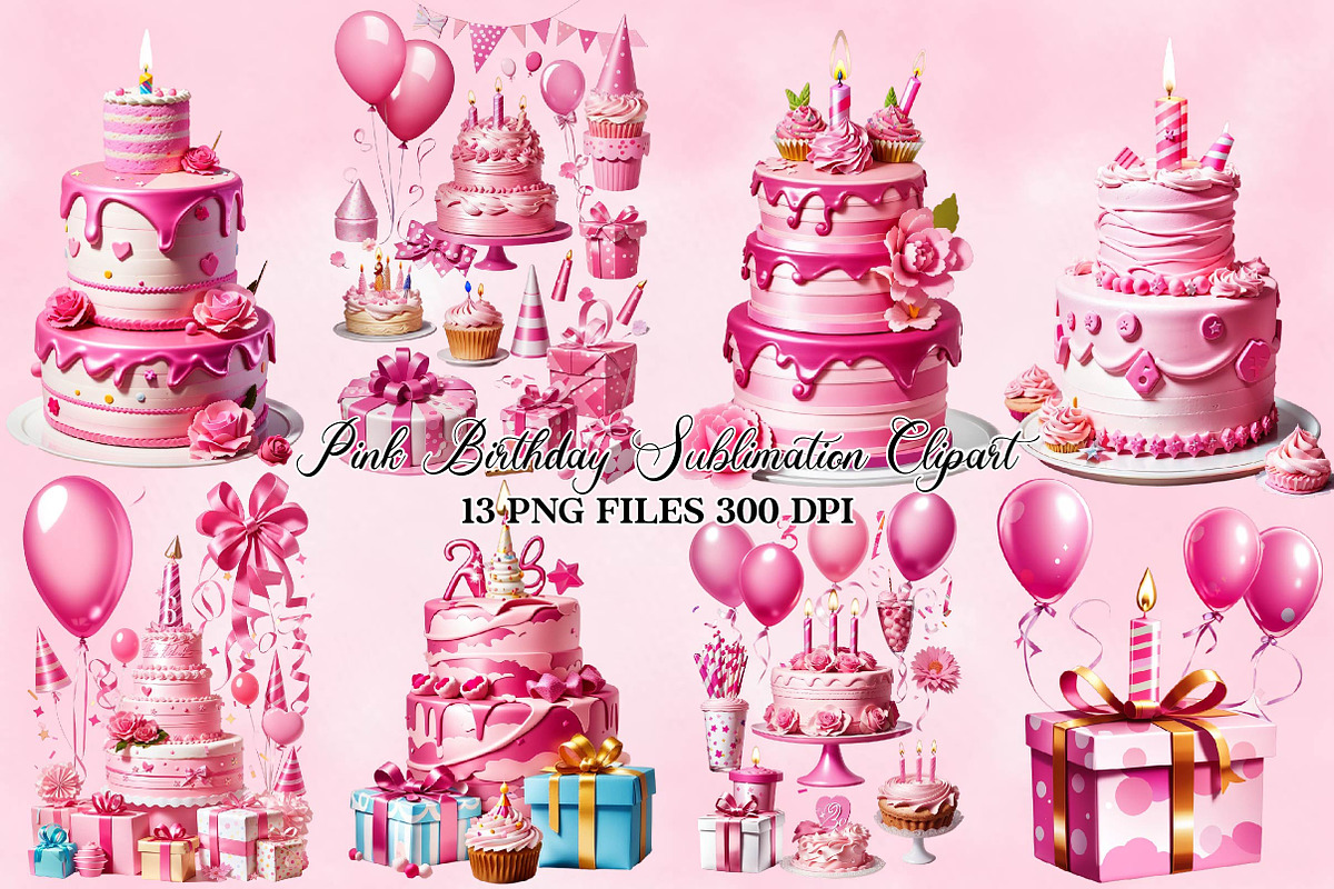 Pink Birthday Sublimation Clipart, a Seasonal Illustration by Craft Nest (Photo 1 of 5)