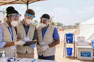 Healthcare workers at Ebola outbreak, a Photo by Dvoevnore photos