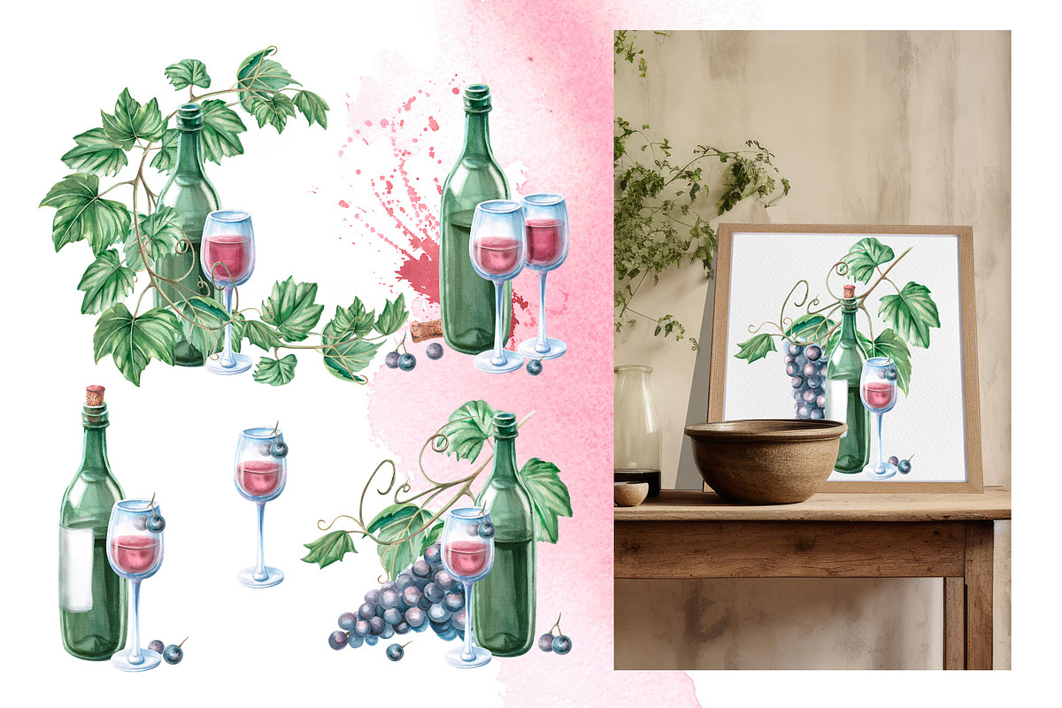 Wine and Grapes,watercolor clip art, a Food Illustration by SvetLana (Photo 5 of 16)