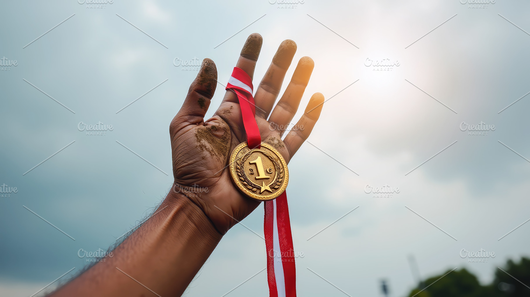 Hand raising a gold medal with dirt,, a Sports & Recreation Photo by Perpis