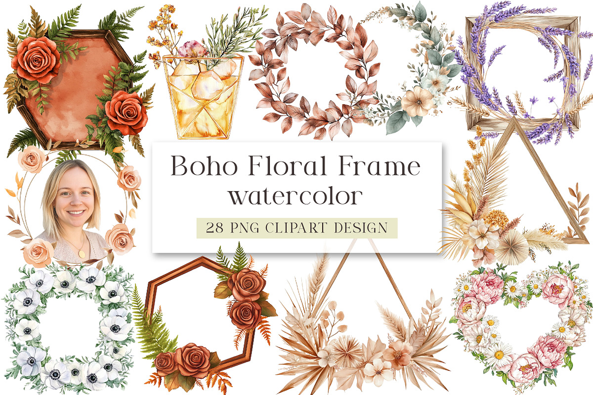 Boho Floral Frame Watercolor Clipart, an Illustration by DreamArtGraphic (Photo 1 of 4)
