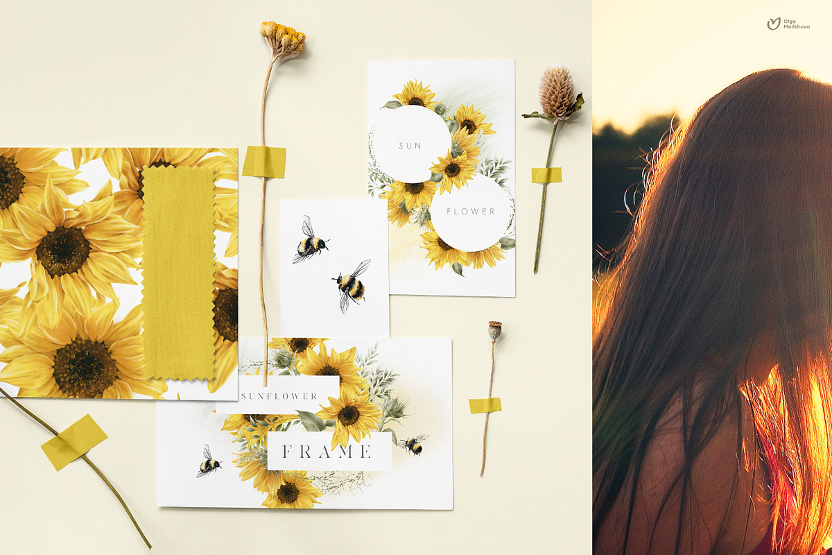 Sunny sunflowers, watercolor flowers, a Texture Illustration by ollalya (Photo 3 of 16)
