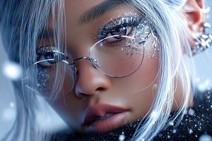 Model with silver hair and winter makeup in a close-up portrait during a snowy, a Beauty & Fashion Photo by AlyaAnd