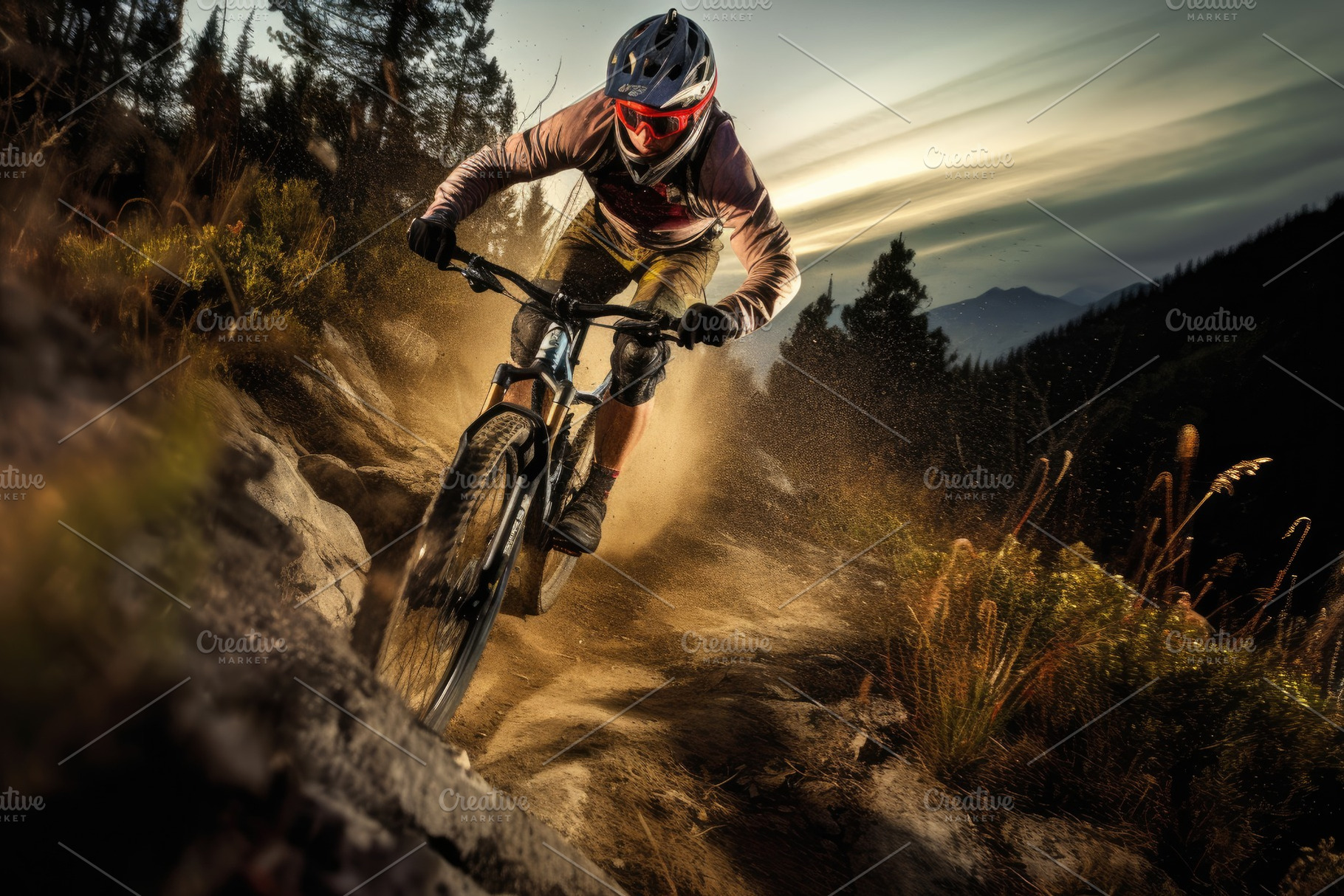 An action shot of a mountain biker speeding downhill on a rugged, a Sports & Recreation Photo by designvectx