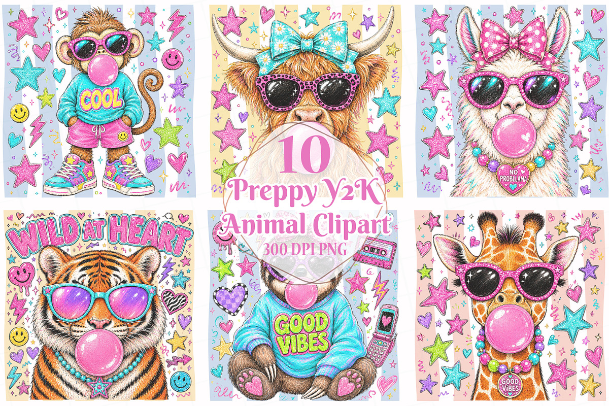 Preppy Y2K Animal Clipart Bundle, a Seasonal Illustration by OK Design (Photo 1 of 6)