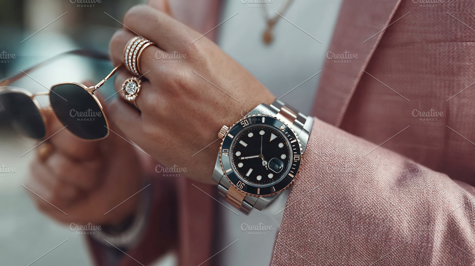 Influencer man showcases luxury watch and accessories in city setting, a Person Photo by OSORIOartist