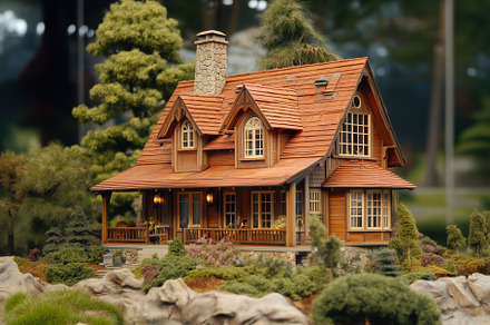 A detailed miniature model of a wooden Cottage house surrounded by lush greener, an Architecture Photo by Textures & Backgrounds