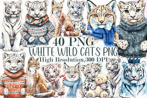 Winter Clip Art White Wild Cats Png, an Illustration by Sublimation Artist