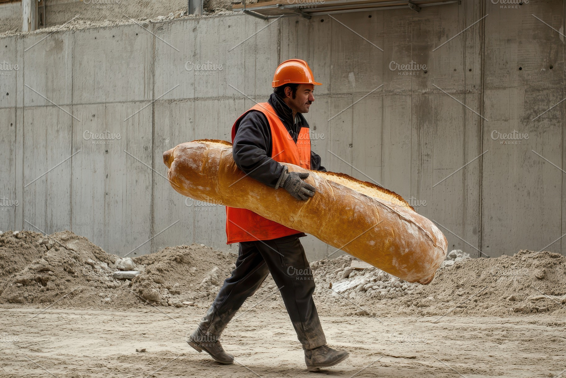 Worker hauls giant bagel proudly, a Photo by Pavel_design