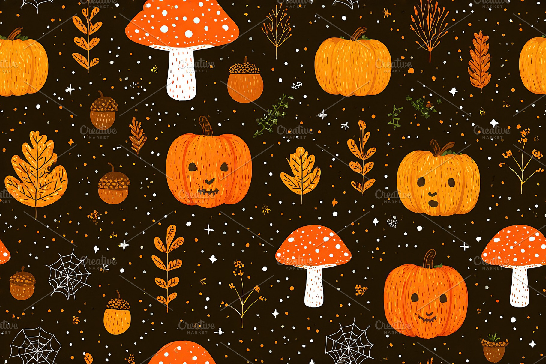 Colorful Halloween background pattern with pumpkins and mushrooms, a Background Photo by OSORIOartist