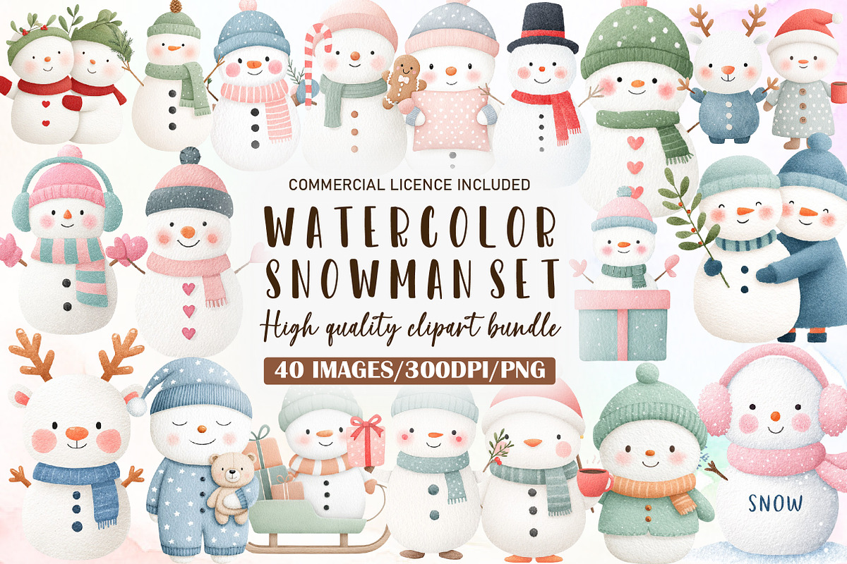 Watercolor Christmas Snowman Clipart, an Illustration by Sublimation Artist (Photo 1 of 6)