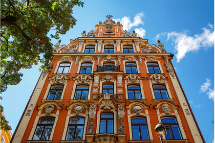 Orange facade of an old building, an Architecture Photo by Ylivdesign