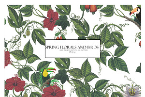 SPRING FLOWERS AND BIRDS PATTERN
