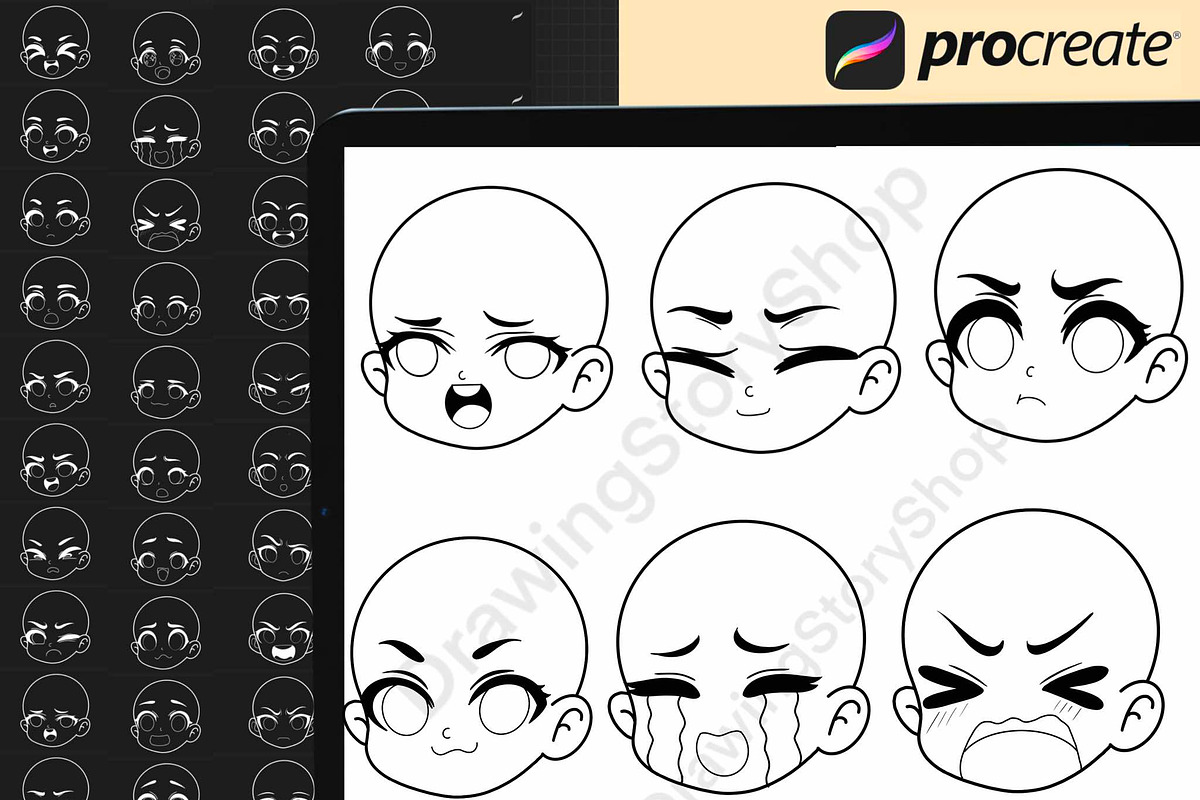 200 Procreate head chibi emote brush, a Brush Add-On by DrawingStoryShop