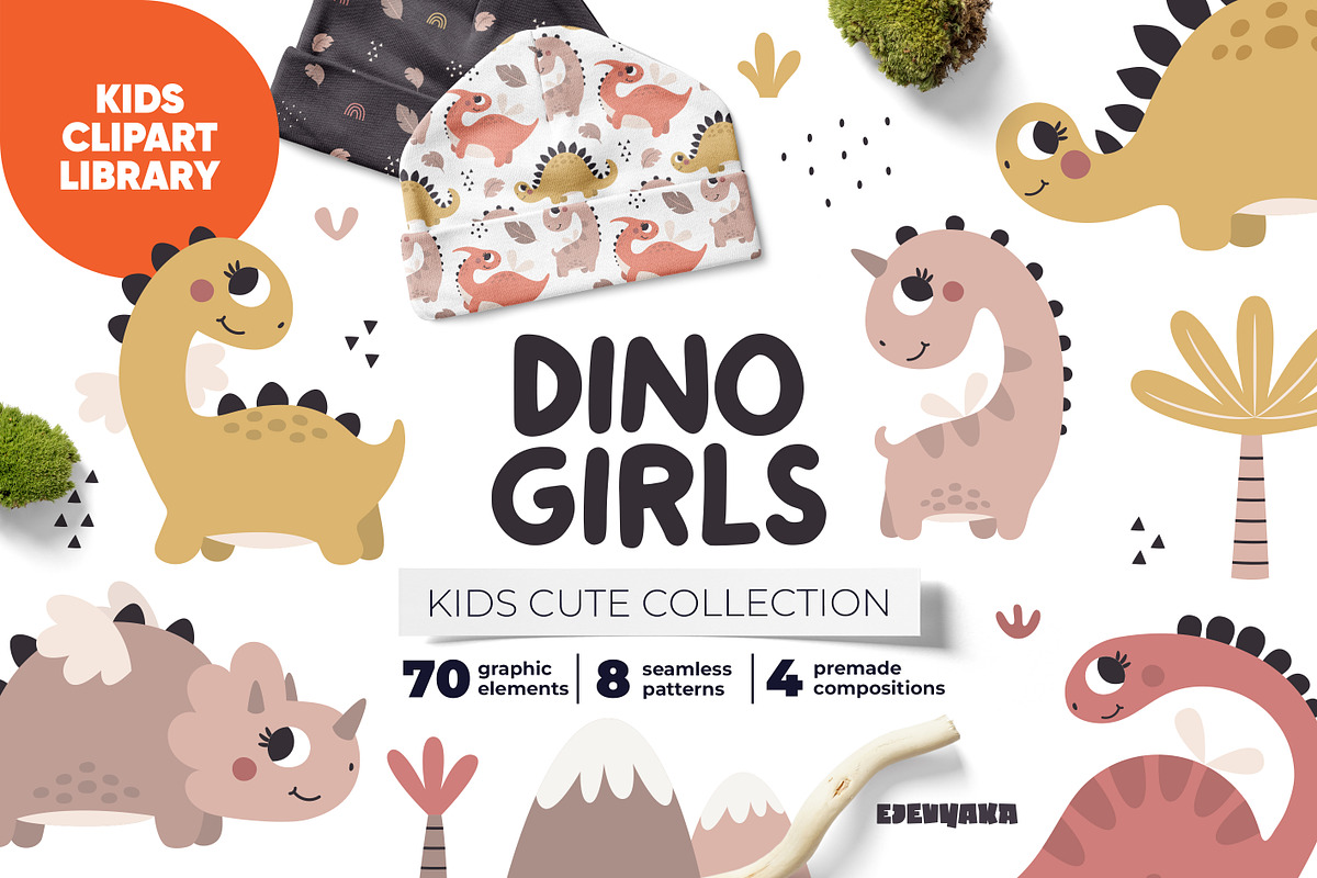 Cute Dinosaur Girl Clipart, Patterns, an Animal Illustration by Ejevyaka (Photo 1 of 9)
