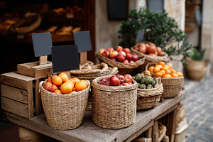 Colorful market stand displays fresh fruits and handmade goods in a bustling lo, a Food & Drink Photo by AlyaAnd
