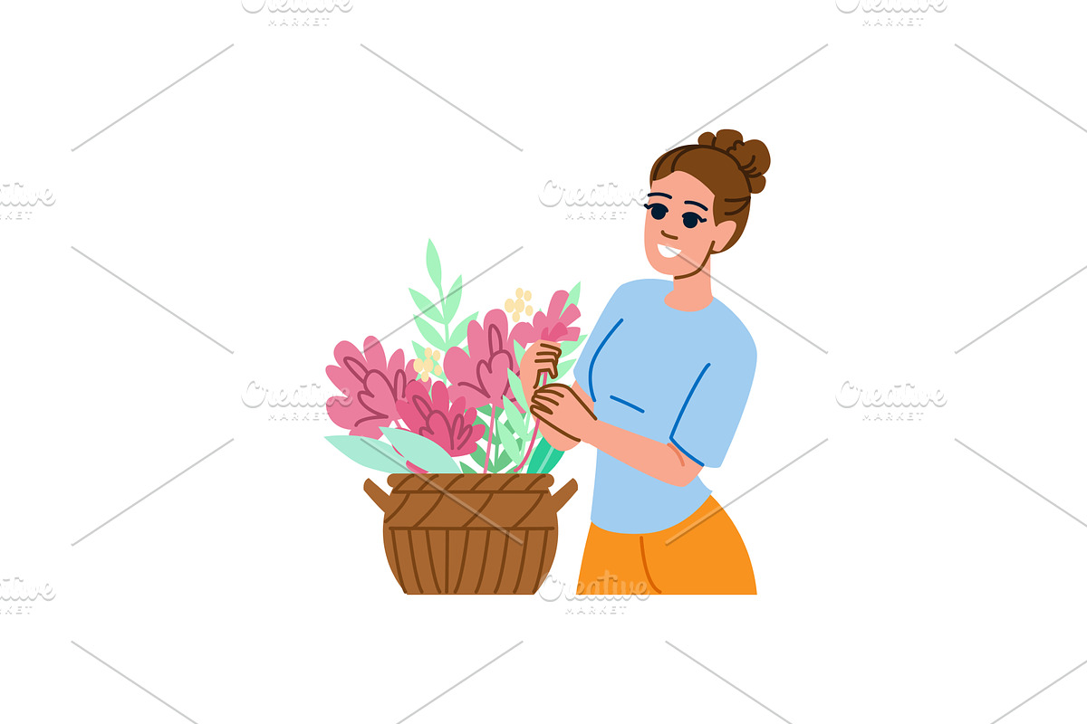 Florist arranging flowers in wicker, a Person Illustration by pikepicture