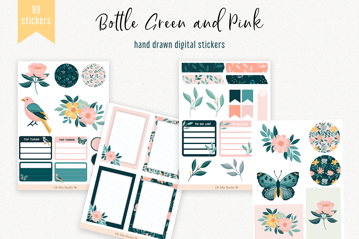 Floral Digital stickers Bottle Green, an Illustration by Oh Mia Studio (Photo 2 of 3)