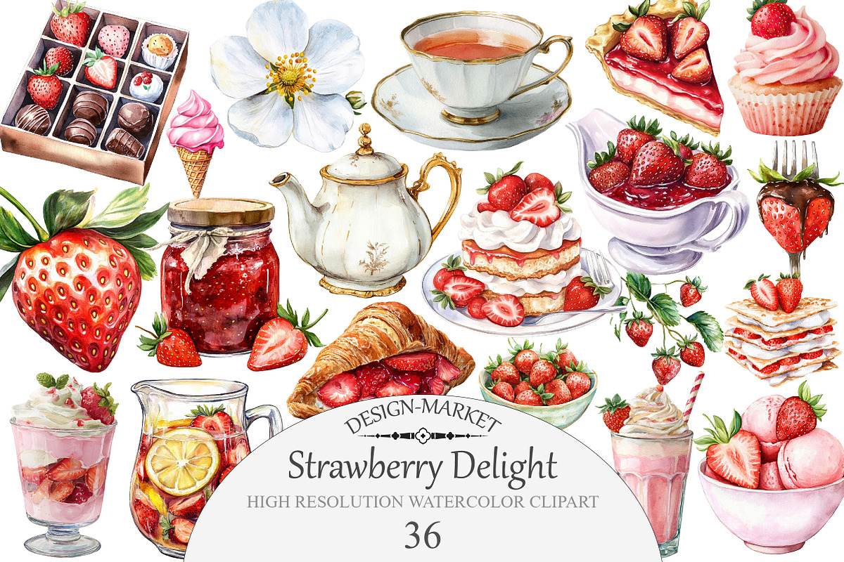 Watercolor Strawberry Delight Clipar, an Illustration by Design Market (Photo 1 of 4)