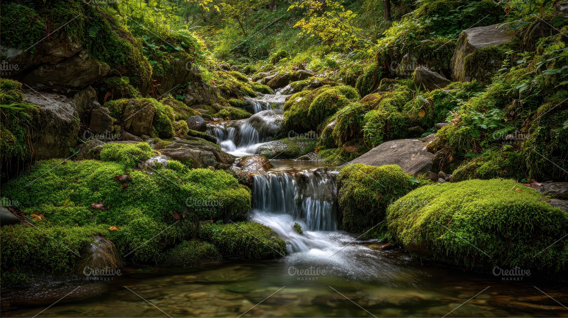 Water flows over rocks and moss, a Photo by Pavel_design